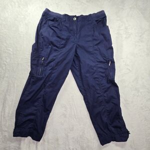 Chico's Pants 2 Large Crop Zip Front Cargo Cotton Spandex Navy Blue Straight Leg